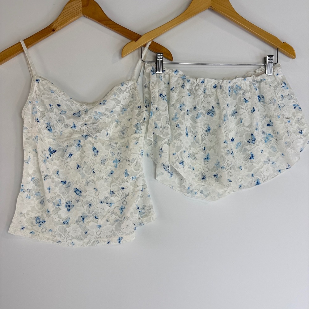 Frankies Bikinis Cassie Tank Flora Shorts Set Womens L White Blue Lace Butterfly - Picture 2 of 13